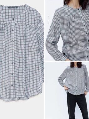 Zara White and Black Grid Button-Down Shirt
